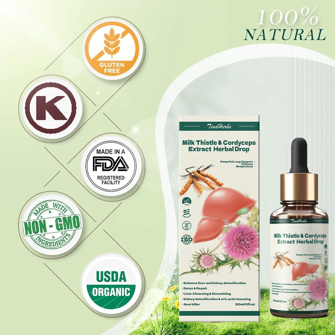 TinaHerbs PRO Milk Thistle & Cordyceps Sinensis Drops  Powerful Liver Support  Detox & Repair